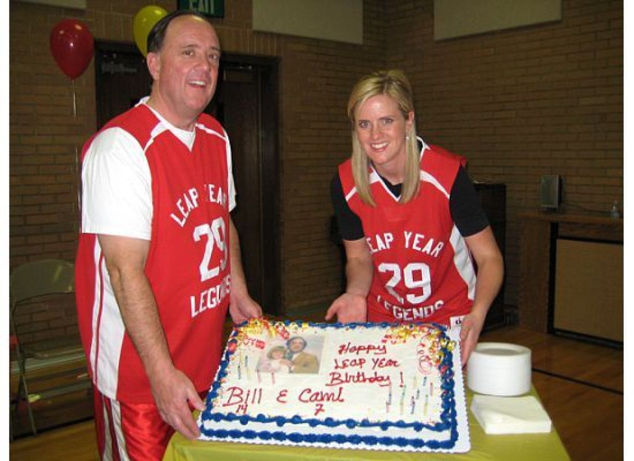 Camille Kesler was the perfect gift for her father's seventh birthday. The two celebrate every leap year together. Last birthday they had a basketball-themed party with "Leap Year Legends" jerseys. Kesler is 39 weeks pregnant and her due date is near leap day 2012.
