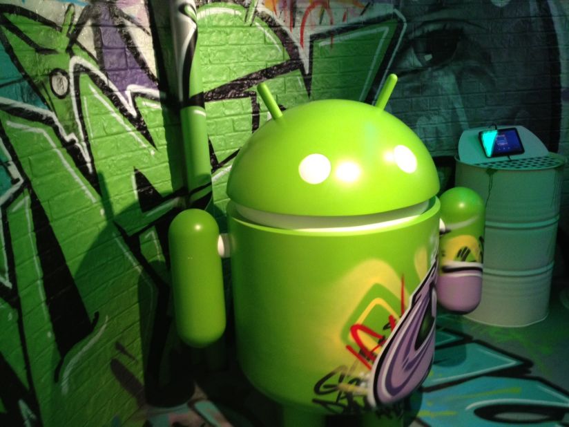 The robot symbol of the Android operating system guards a display at the Mobile World Congress in Barcelona.