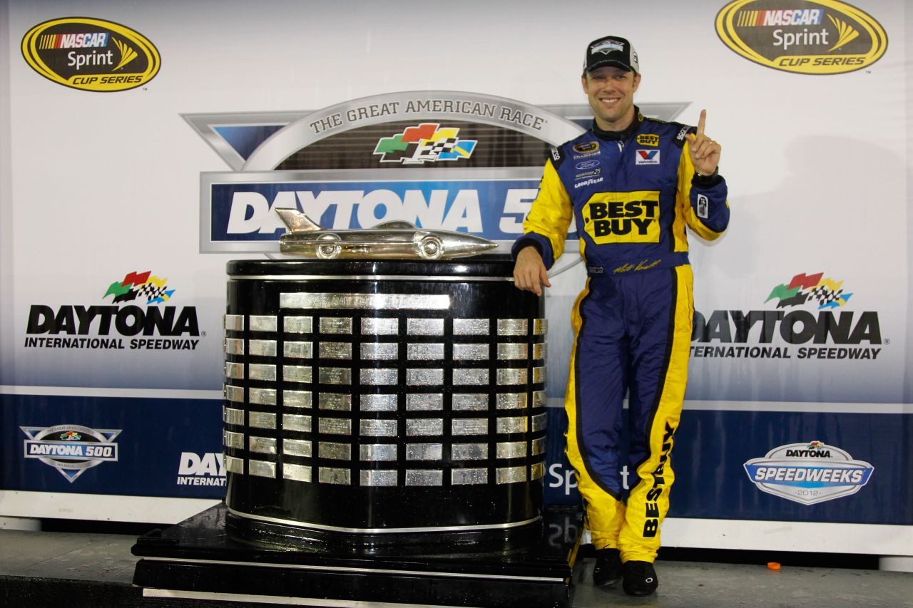 Kenseth poses with the Harley J.Earl Trophy after winning the 54th Annual Daytona 500.
