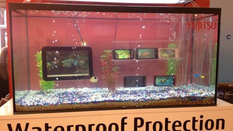 To prove their seaworthiness -- or just attract attention -- Fujitsu phones and tablets sit submerged in a fish tank at this tech trade show.