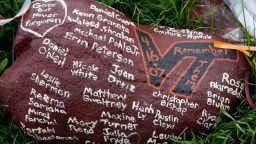 The names of the victims of last month's shooting rampage at Virginia Tech are left painted on a rock as part of a large makeshift memorial on the Drillfield in front of Burruss Hall at the university May 11, 2007 in Blacksburg, Virginia.