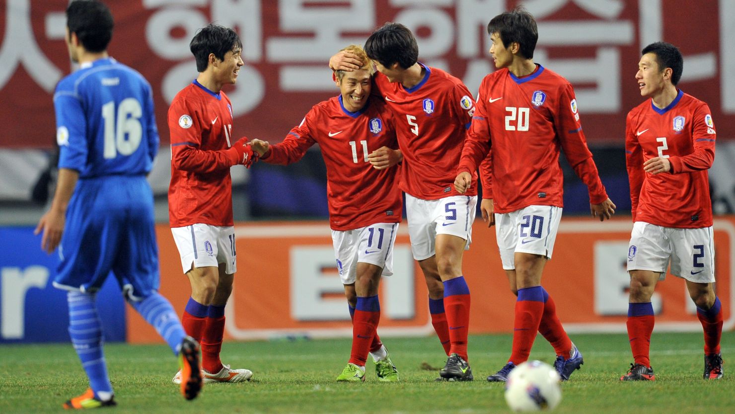 South Korea's players celebrate Lee Keun-Ho's goal in the 2-0 win over Kuwait in Seoul. 