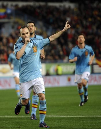 Andres Iniesta is on the mark for world champions Spain against Venezuela in their friendly