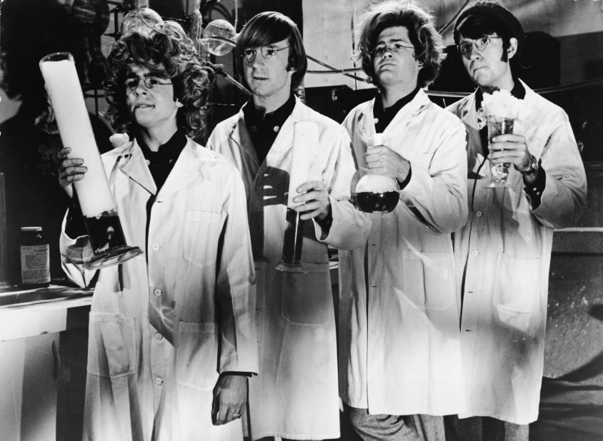 The Monkees dressed as "mad scientists" in the early 1970s for their television show. 
