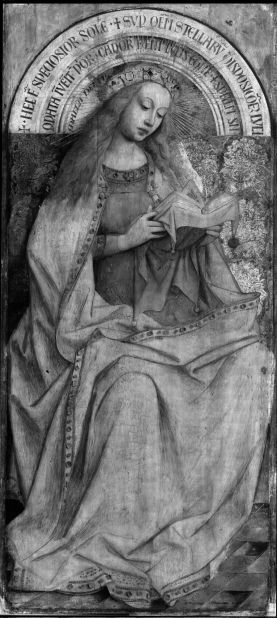 Here the Virgin Enthroned is seen in digital infrared reflectograms, which look past the painted surface of the picture and reveal the under-drawings beneath.