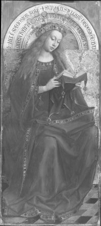 The same panel of the Virgin Enthroned seen with digital infrared macrophotographs. One major question scholars are hoping to answer is how involved Hubert van Eyck, older brother of Jan van Eyck, was in the painting of the work.