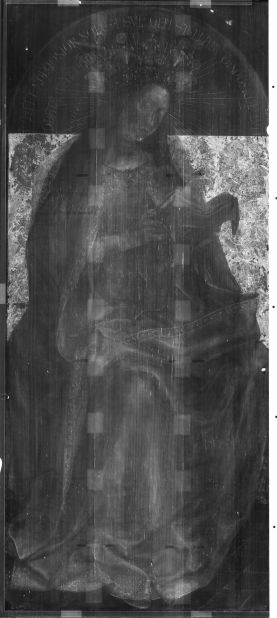 Digitized X-radiographs of the Virgin Enthroned panel. These images allow the viewer to see the skeleton of the picture, revealing the evolving nature of the composition over time.  