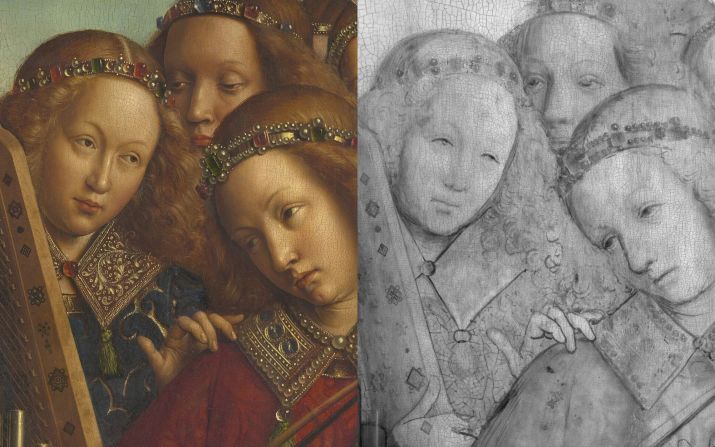 A detail from the Angel Musicians, in digital macrophotographs on the left and in digital infrared reflectograms on the right.