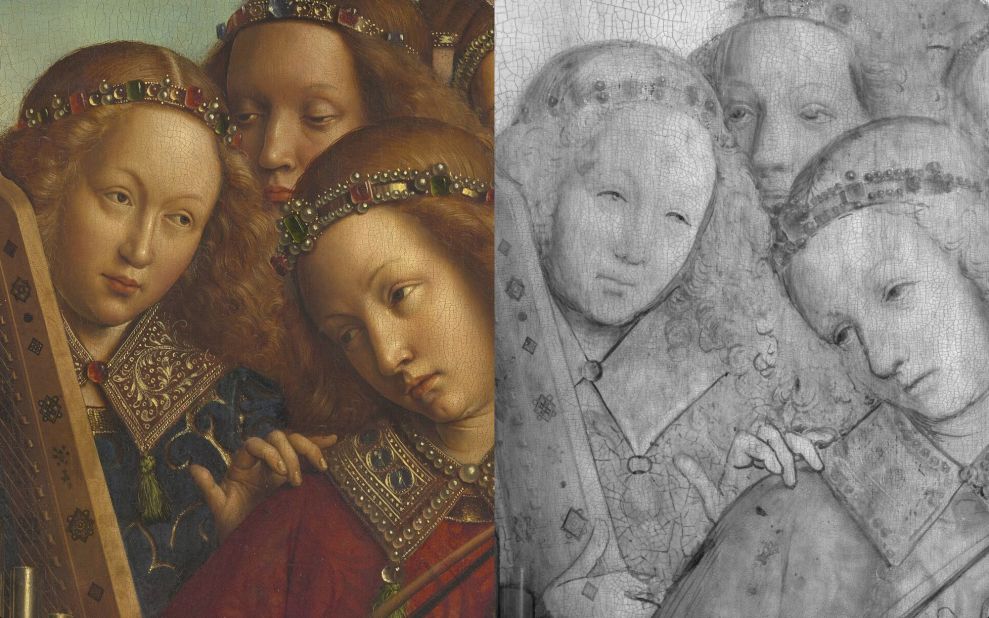 A detail from the Angel Musicians, in digital macrophotographs on the left and in digital infrared reflectograms on the right. 