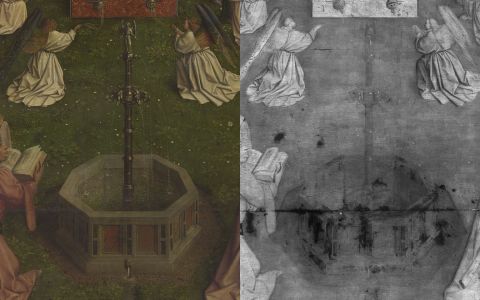 A detail from the famed Adoration of the Lamb. Viewed with digital macrophotographs on the left and an assembly of digital infrared reflectograms on the right.