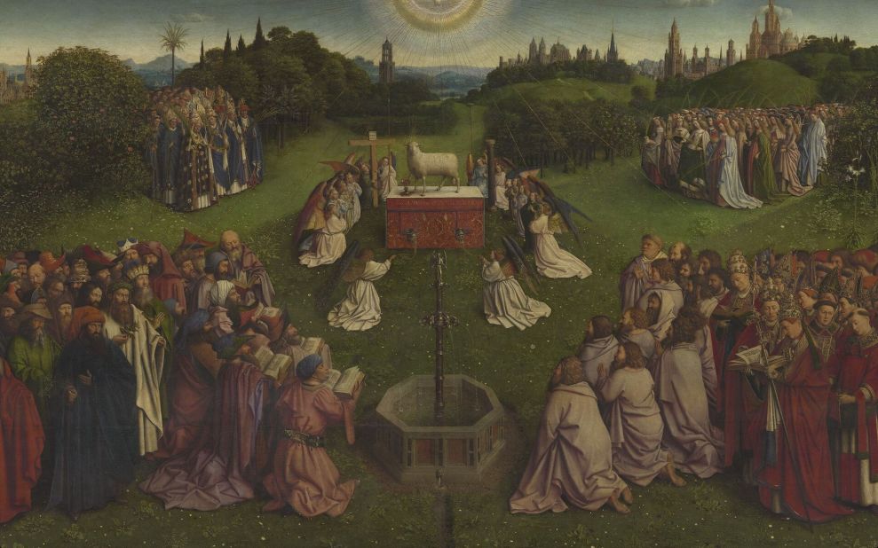 Stolen several times from St. Bavo Cathedral in Ghent where it is housed, the altarpiece features many intriguing details, including a 'Mystic Lamb' bleeding into a chalice.