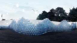 In the "Waving Wall," designers and water crisis campaigners Bloo Nation highlight the considerable water footprint linked to the production of day-to-day goods like coffee, jeans and paper.  