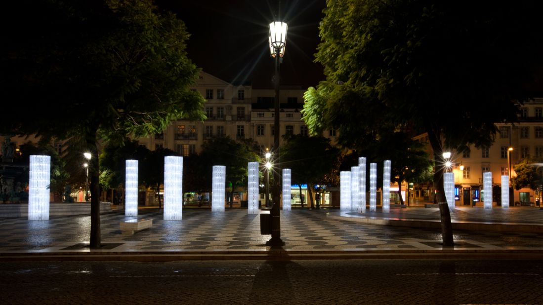 These ethereal "Frozen Trees," installed at a plaza in downtown Lisbon, Portugal, are made from thousands of IKEA plastic bag dispensers. Designers "LIKE Architects" turned the prosaic objects into 30 LED-illuminated street lights. 
