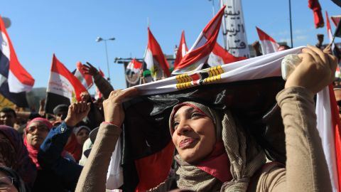 An Egyptian woman demonstrates in Cairo's Tahrir Square to demand democratic change on January 27, 2012.