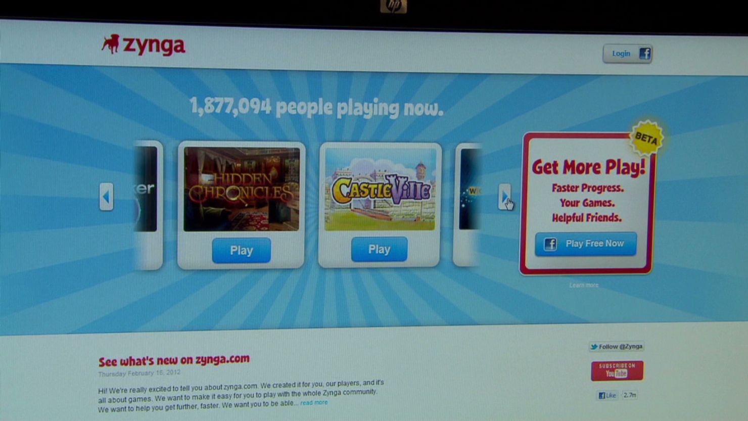 Zynga, a social game developer, is launching its own gaming network: Zynga with Friends. 