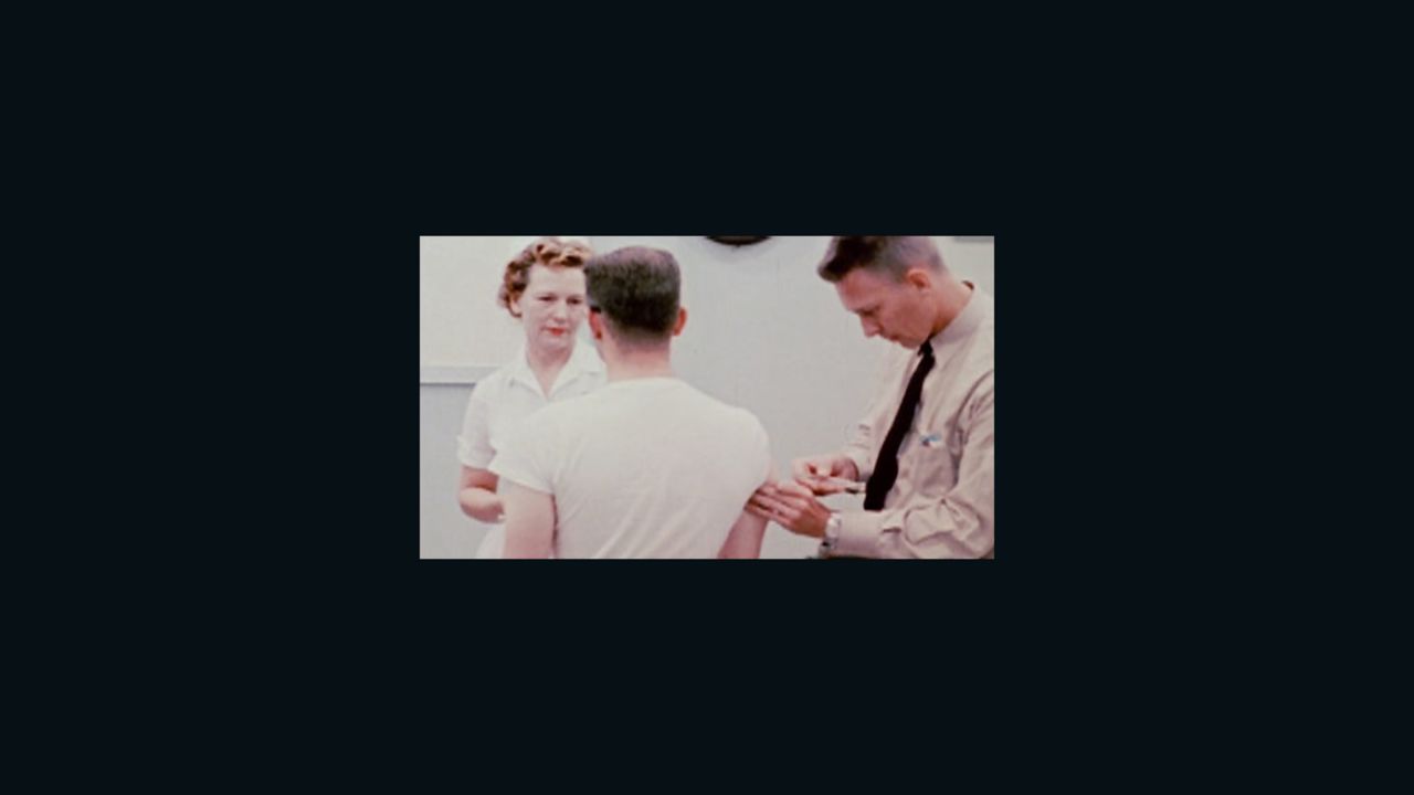 This image from an Army film about the testing program shows a man being injected with a syringe.