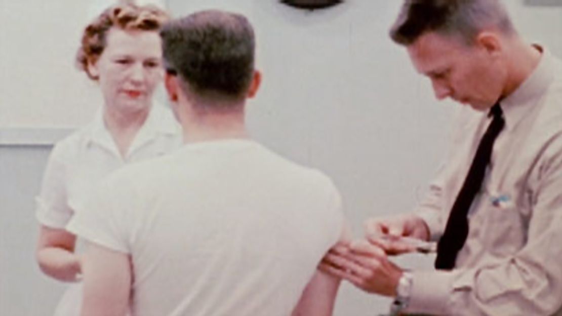 This image from an Army film about the testing program shows a man being injected with a syringe.