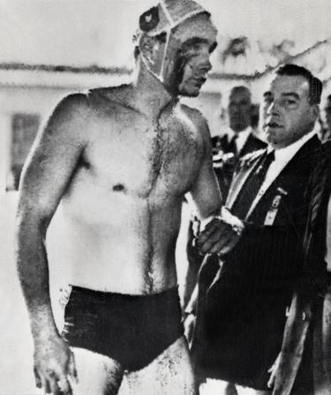 Ervin Zador, Hungary's 21-year-old water polo star, emerges from the Olympic swimming pool in Melbourne with blood pouring from a cut beneath his right eye. The "blood in the water" match against the Soviet Union in December 1956 came to represent Hungary's bloody struggle against its Communist oppressors. 