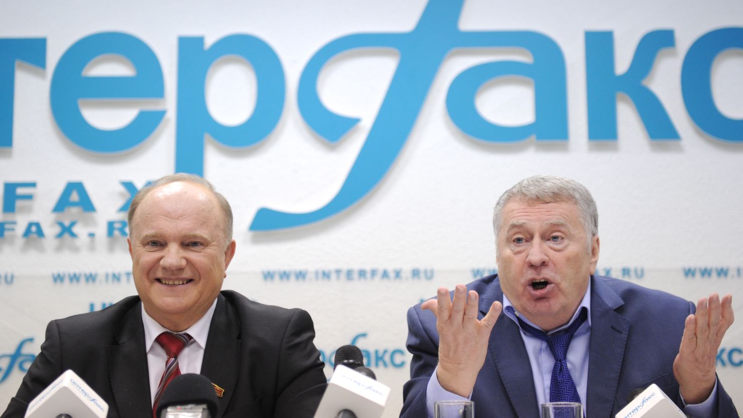 Presidential candidates Gennady Zyuganov (left) and Vladimir Zhirinovsky pictured at a debate in Moscow on Monday.