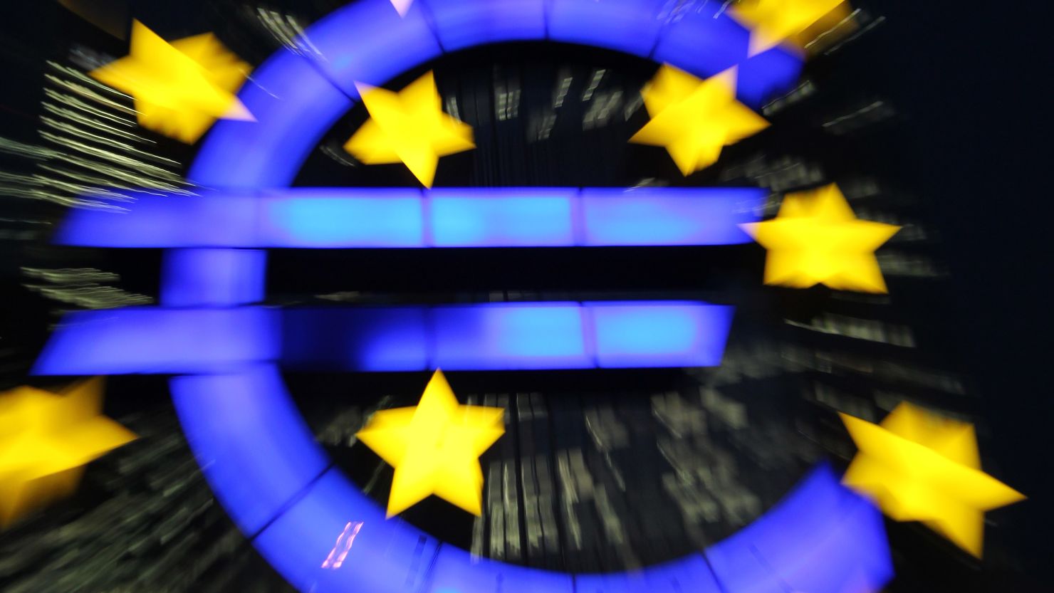The logo of the Eurozone currency is displayed in front of the European Central Bank in Frankfurt, Germany.