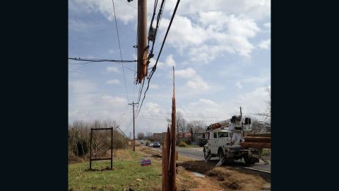Tornado-force winds sheered this telephone pole in Madison County, Alabama.