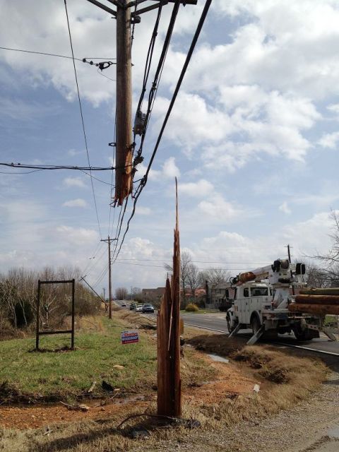 Tornado-force winds sheered this telephone pole in Madison County, Alabama.