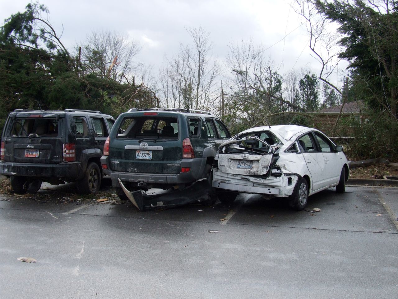 iRepoterer Blair Scott took this photo of damaged cars at Buckhorn High School in Hunstville, Alabama, after the school was hit by one of Friday's tornadoes.
