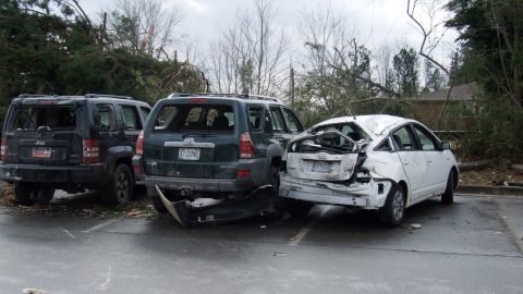 iRepoterer Blair Scott took this photo of damaged cars at Buckhorn High School in Hunstville, Alabama, after the school was hit by one of Friday's tornadoes.