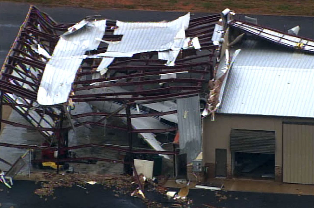 An overnight storm shredded the roof of a business in Paulding County, Georgia.
