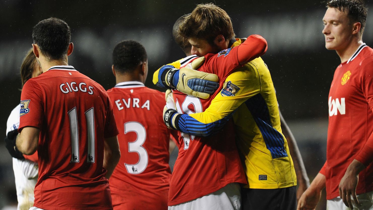 Manchester United's Ashley is congratulated by goalkeeper David de Gea after his match-winning brace.