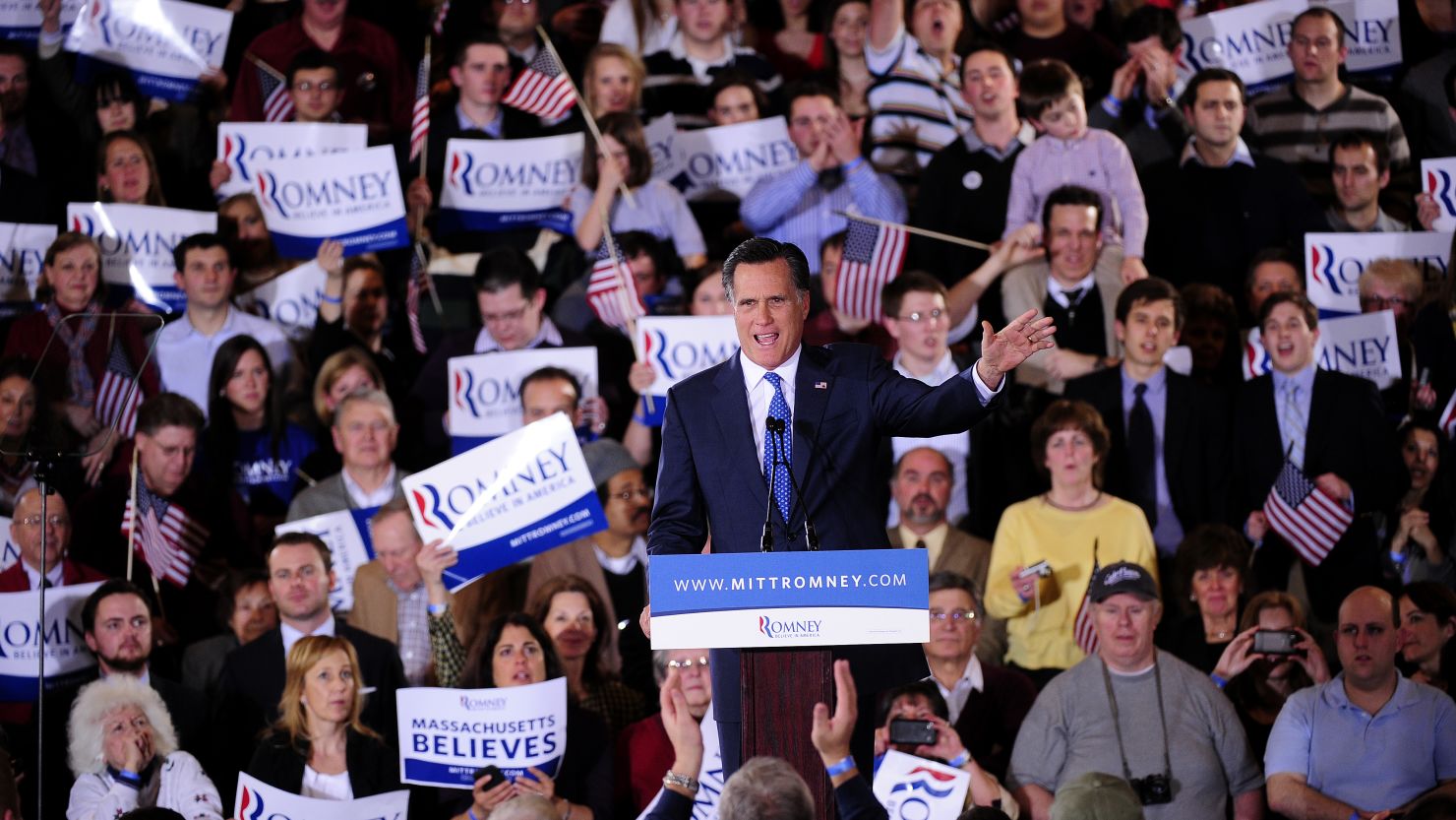 Mitt Romney addresses supporters Tuesday night in Boston.  He has proven to be a tough-minded candidate, the author says.