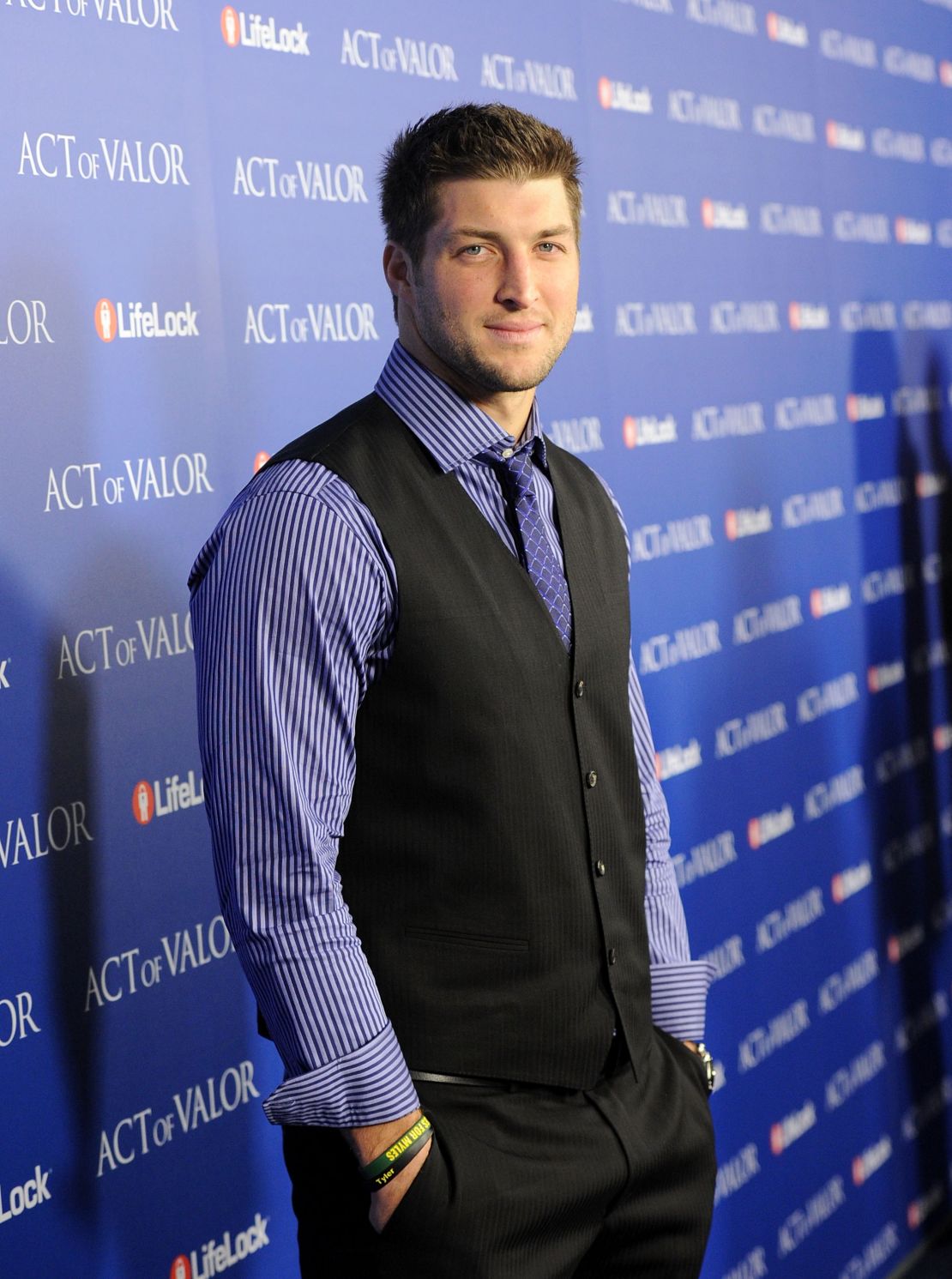 Tim Tebow at the 2012 premiere of "Act Of Valor" in Hollywood, California.