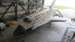 US space shuttle Endeavour is parked on August 11, 2011 after it is moved from the Orbiter Proccessing Facility bay 1 at Kennedy Space Center, Florida.