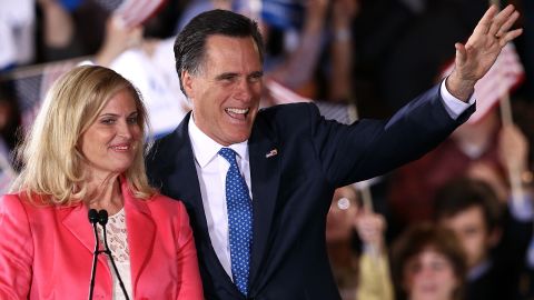 Mitt Romney and his wife, Ann, thank supporters Tuesday night in Boston after his Super Tuesday wins.