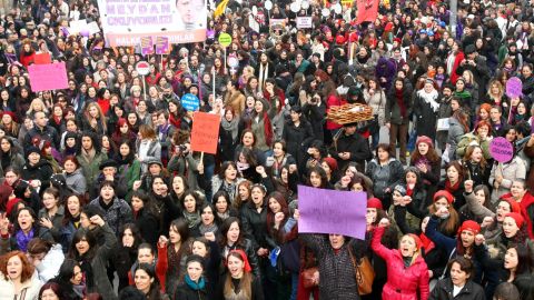 Turkish women protest in Ankara on Thursday, International Women's Day.
