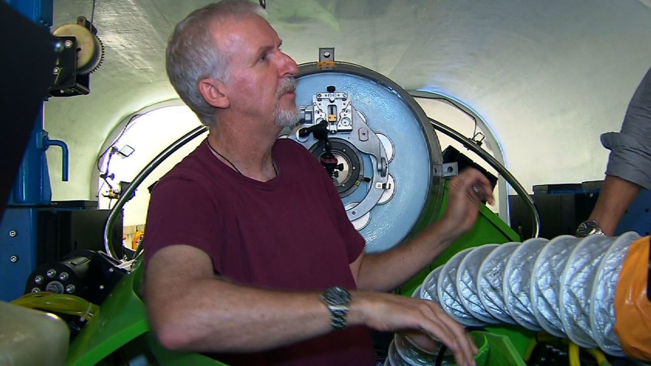 Filmmaker James Cameron is seen inside his single-pilot submersible, the Deepsea Challenger.