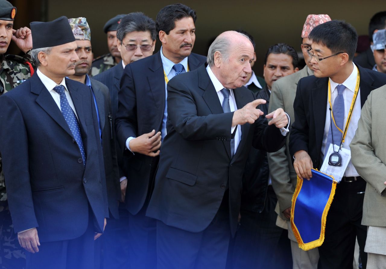 FIFA president Sepp Blatter pictured in Nepal on Thursday. He is seen here with Nepalese Prime Minister Baburam Bhattarai.