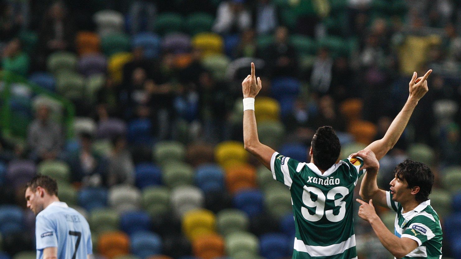 Sporting central defender Xandao celebrates his superb goal against Manchester City.