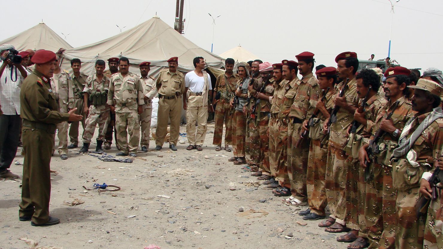 Yemeni General Ali Salah visits soldiers in Yemen's restive Abayan province on March 6, 2012.