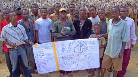 The "Mapping for Rights" program trains forest people in the Congo Basin to map the land they live on.<br /><br />Pictured is an early sketch map produced by an indigenous community in the Inongo territory, in the Democratic Republic of Congo. 