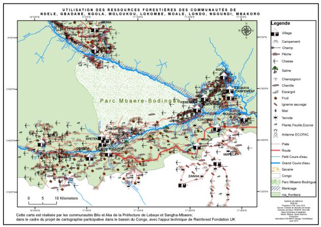 A finished map showing how indigenous communities use the land within and around Mbaéré-Bodingué National Park, Central African Republic.