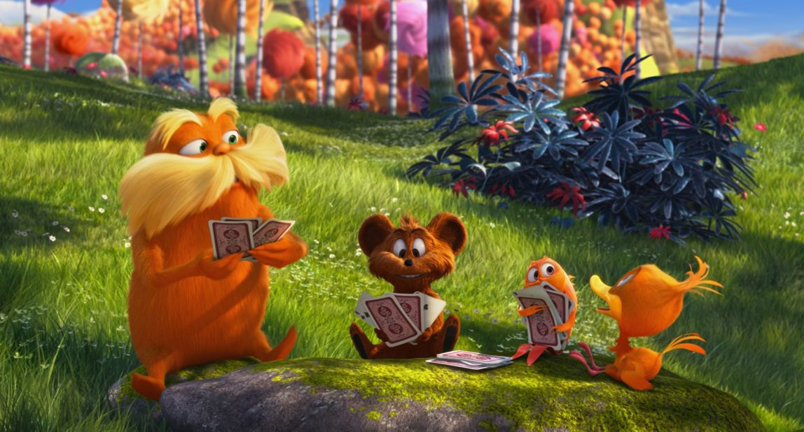 The bright orange Lorax with his enormous moustache speaks for the trees, as he often announces throughout the movie.