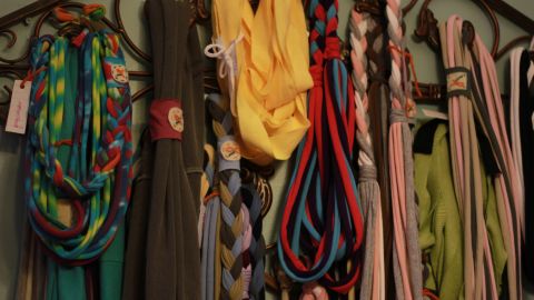 Trusty started making scarves from T-shirts to alleviate the boredom of chemotherapy.