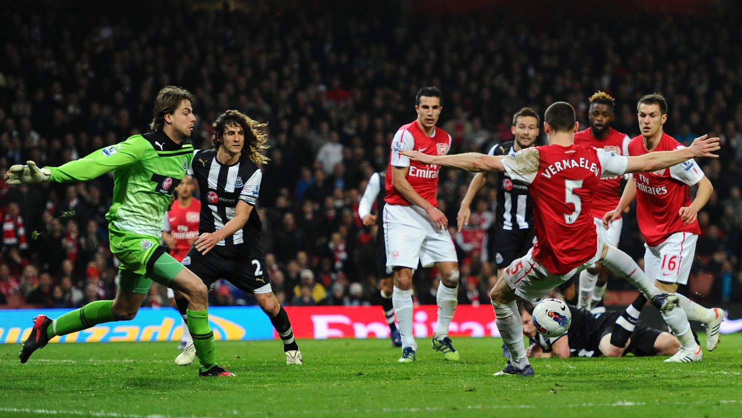Thomas Vermaelen was in the right place at the right time to score a crucial late winner for Arsenal against Newcastle.