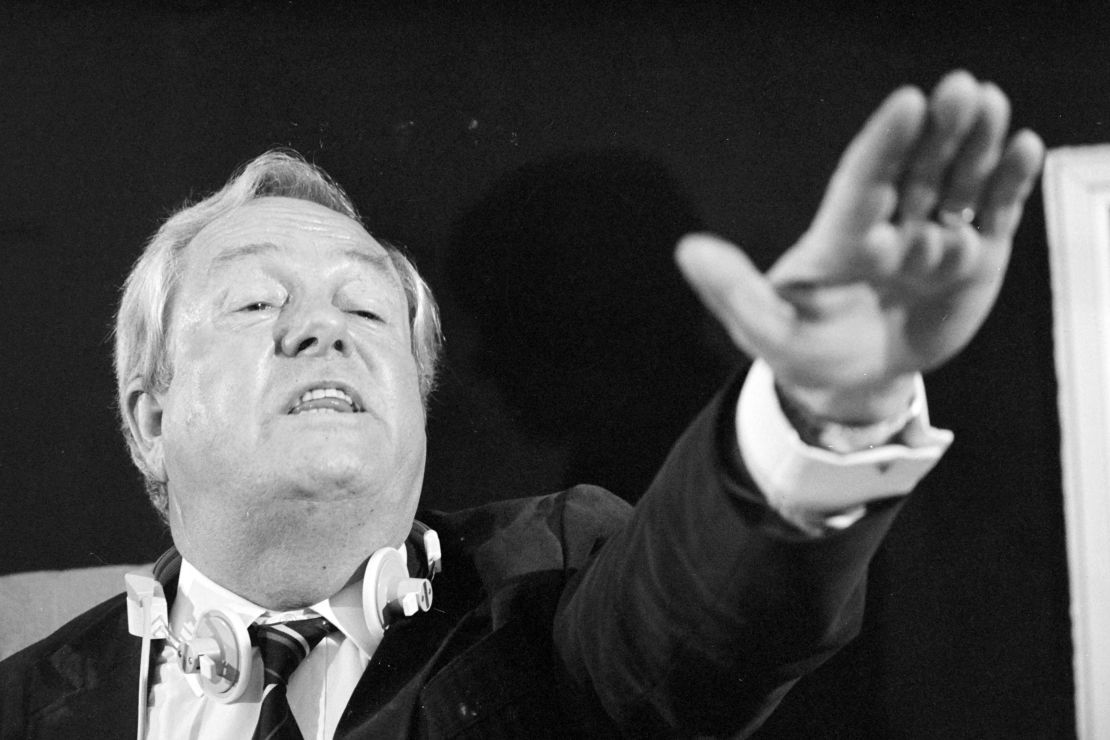National Front founder Jean-Marie Le Pen gestures during a news conference at the European Parliament in Strasbourg in 1985.