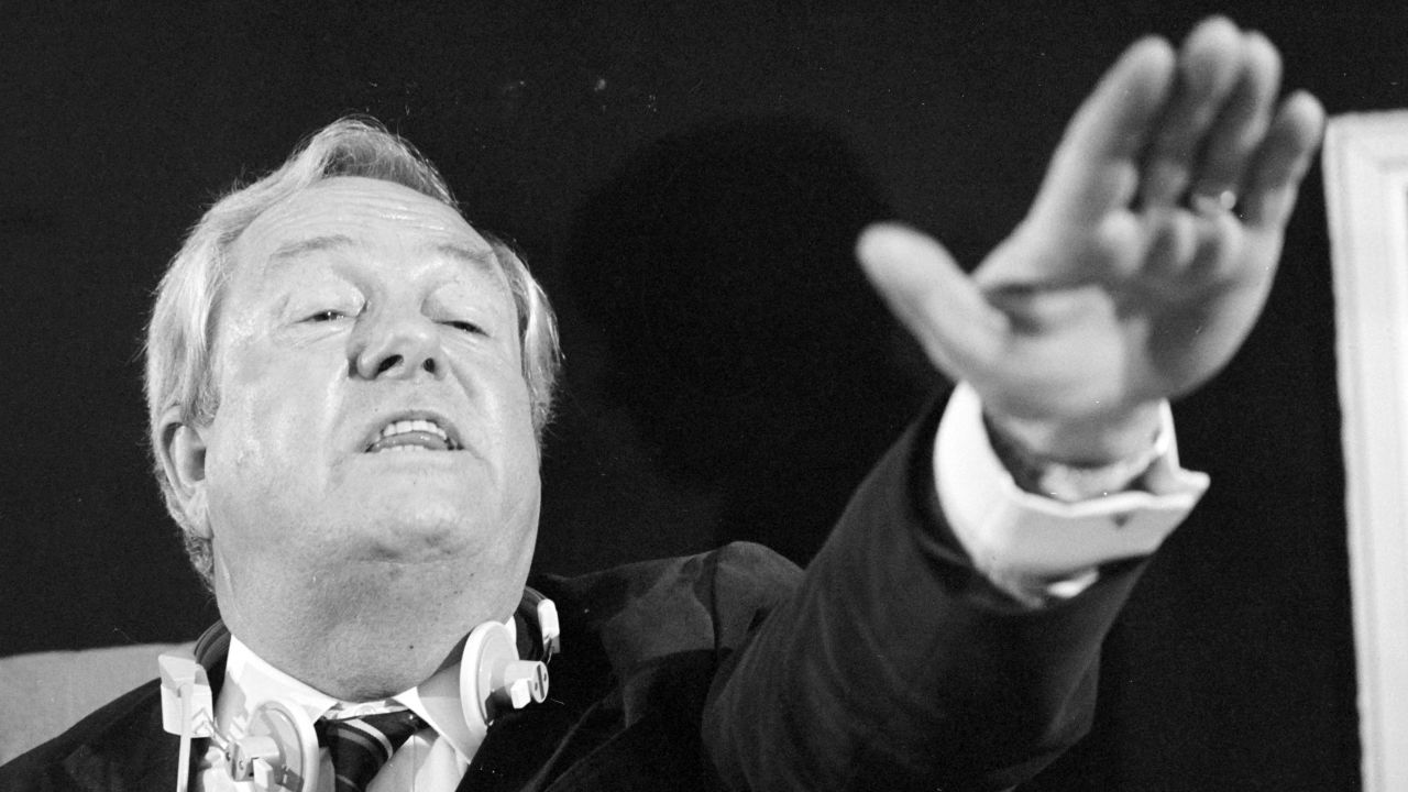 National Front founder Jean-Marie Le Pen gestures during a news conference at the European Parliament in Strasbourg in 1985.