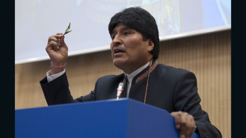 Bolivian Pres. Evo Morales defends the practice of chewing on coca leaves to the UN commission on Narcotic Drugs.