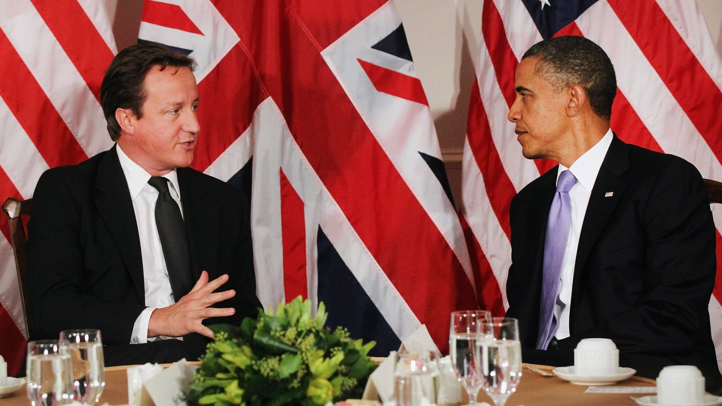 British Prime Minister David Cameron and U.S. President Barack Obama meet in New York in September 2011.
