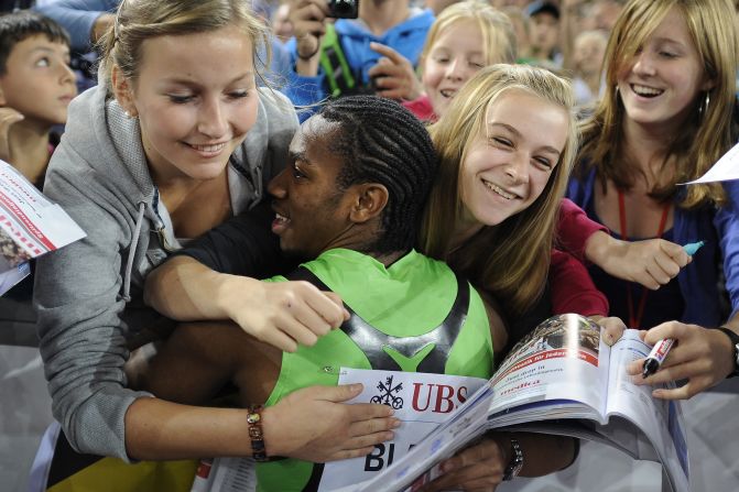 Blake posted personal bests in both the 100m and 200m in 2011, and has seen his profile rise as a result. Here he celebrates with fans in Zurich after running the fastest time of his career -- 9.82 seconds.