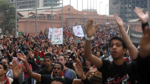 Egyptian football supporters march in Cairo on March 15, 2012 demanding justice for those killed in stadium violence last month.